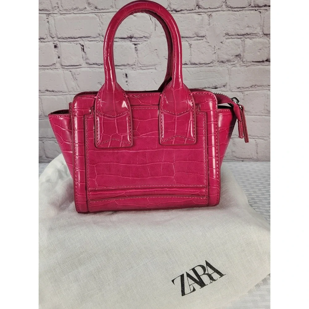Zara Hot Pink Crocodile Crossbody Top Handle Purse Handbag + Dust Bag New
